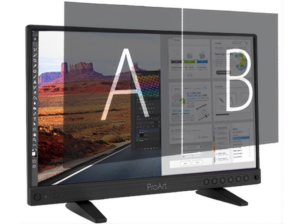 Monitor ASUS ProArt PA16USV monitor pokazujący krajobraz pustynny i interfejs programu graficznego, z nałożoną półprzezroczystą nakładką podzieloną na dwie części oznaczone literami 'A' i 'B', funkcje, wielozadaniowość