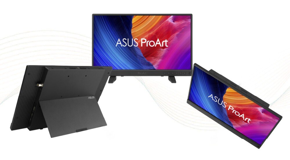 Monitor ASUS ProArt PA16USV trzy monitory prezentujące urządzenie z różnych stron, od frontu z kolorową grafiką i napisem, od tyłu z rozłożoną podpórką oraz pod kątem z boku, podstawa, regulacja, otwory na statyw
