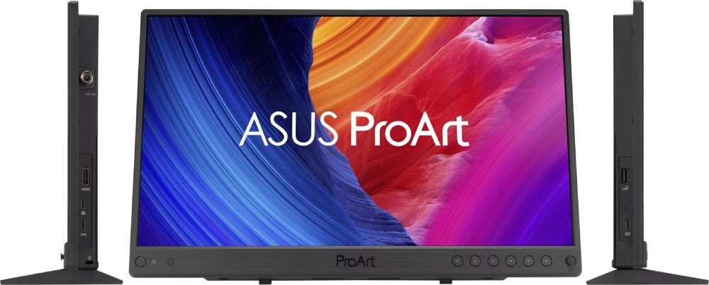 Monitor ASUS ProArt PA16USV monitor widoczny od frontu z barwną tapetą oraz dwa widoki boczne pokazujące rozmieszczenie portów takich jak SDI, HDMI, USB i przyciski sterujące, porty, złącza, podłączenie