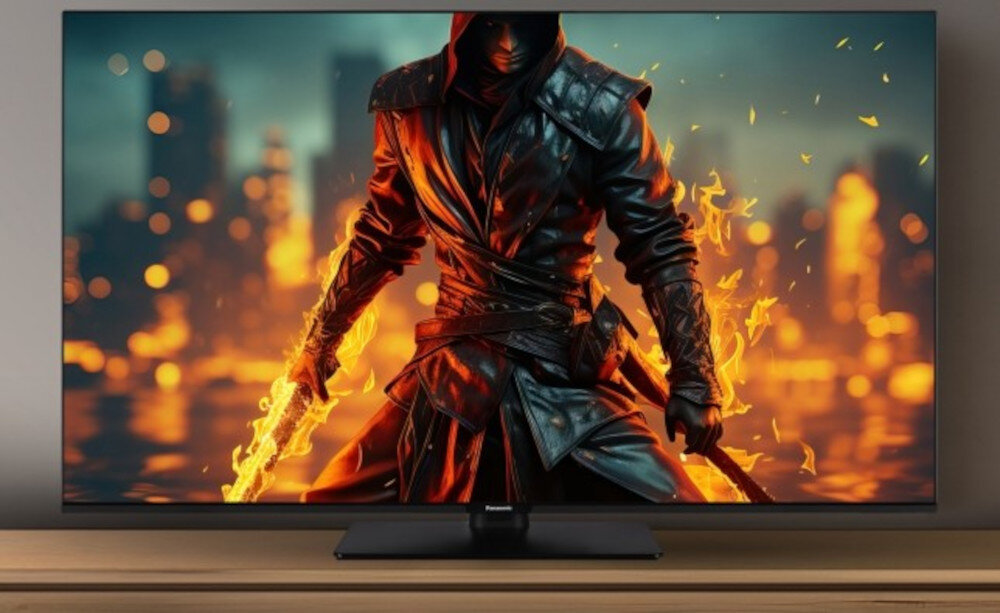Telewizor PANASONIC TB-50W61AEZ 4K Colour Engine HDR jakość obrazu, telewizor stojący na szafce w pomieszczeniu