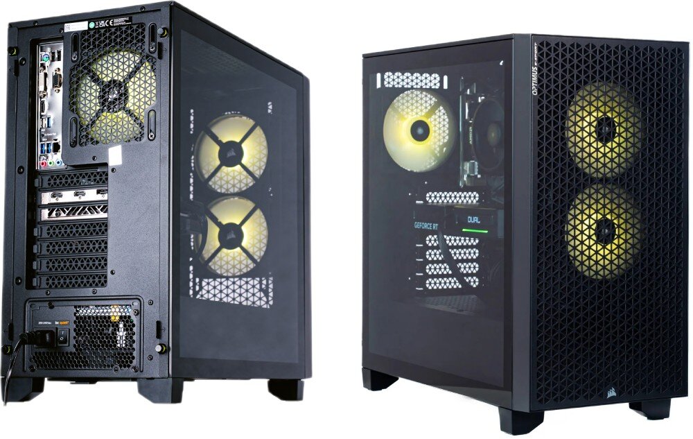 Komputer OPTIMUS E-Sport GA520T-CR10 Dwa ujęcia czarnej obudowy komputerowej na białym tle pokazujące tył z portami i wentylatorem oraz przód z siatką mesh i dwoma żółtymi wentylatorami, procesor, rdzenie, taktowanie, płyta główna