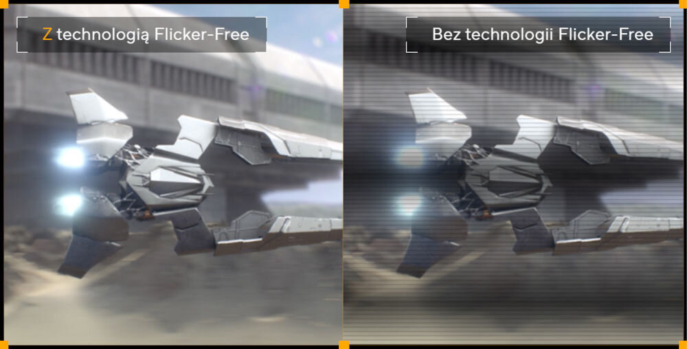 Monitor ASUS TUF Gaming VG27AQ5A 27 cali 2560 x 1440px IPS 210Hz 0.3 ms [GTG] prezentacja działania technologii Flicker-Free podczas grania oraz obok bez technologii statek kosmiczny eliminacja migotania ekranu odpoczynek dla oczu