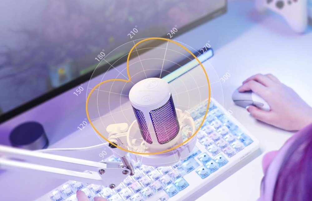 Mikrofon MAONO GM20S widok z góry na biały mikrofon z nałożonym schematem kardioidalnej charakterystyki kierunkowości w kolorze żółtym