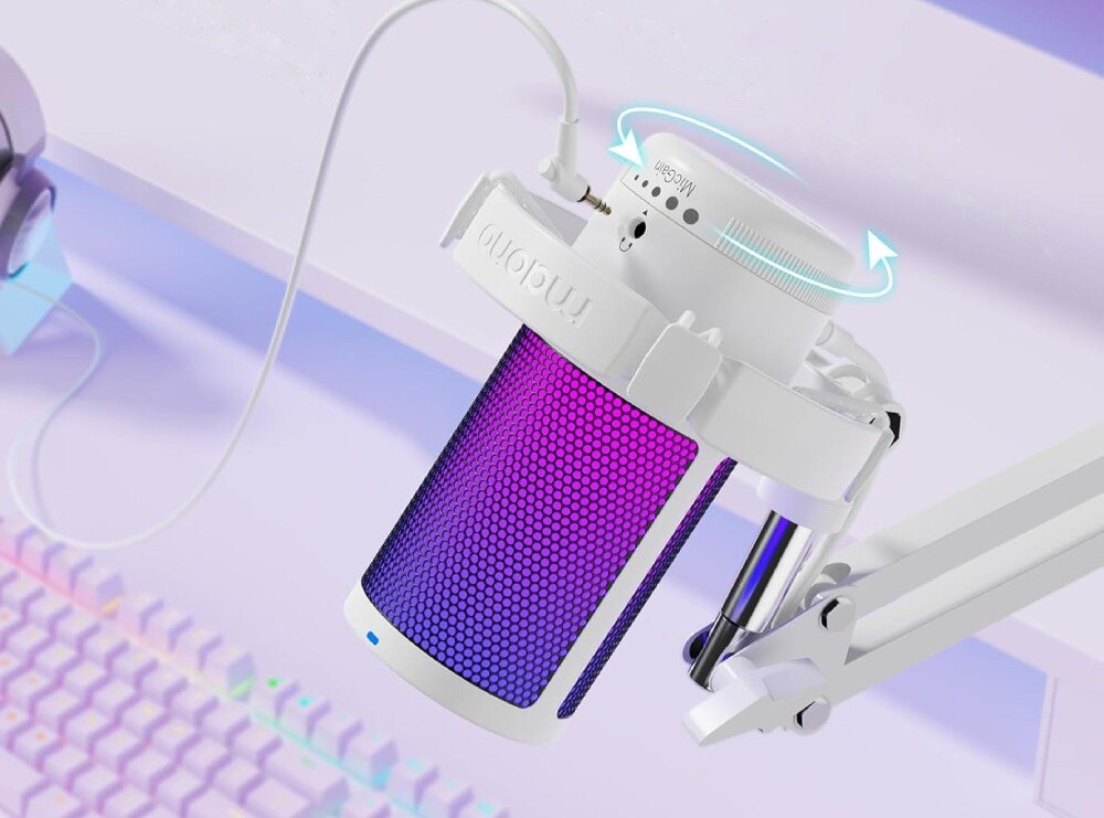 Mikrofon MAONO GM20S zbliżenie na górną część białego mikrofonu ze strzałkami wskazującymi możliwość obracania pokrętła 'Mic Gain' oraz widocznym wejściem słuchawkowym