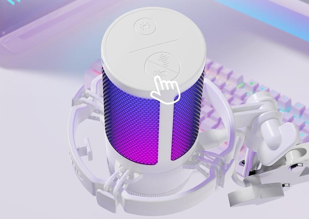 Mikrofon MAONO GM20S zbliżenie na górny panel mikrofonu z ikonami sterowania dotykowego i grafiką dłoni wskazującą przycisk wyciszenia