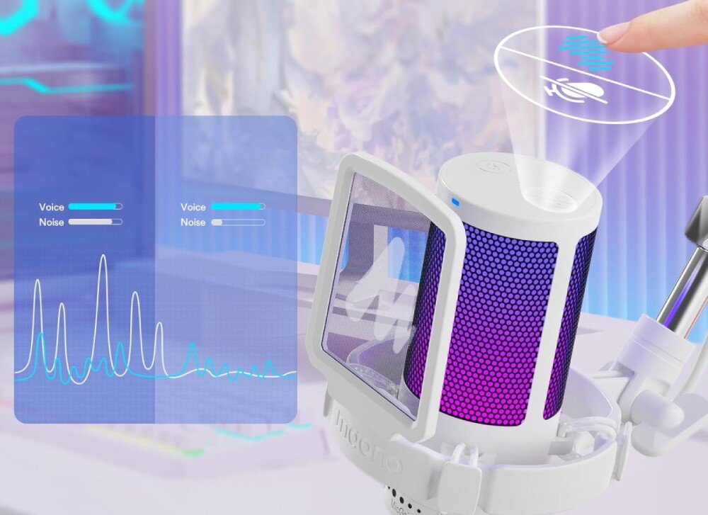 Mikrofon MAONO GM20S biały mikrofon z pop filtrem oraz grafiką ilustrującą działanie funkcji redukcji szumów poprzez porównanie fal dźwiękowych głosu i hałasu