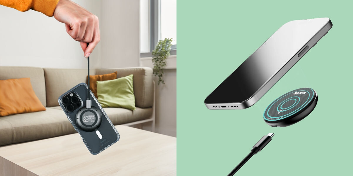 Ładowarka indukcyjna HAMA Qi2 15W Czarny Idealne dopasowanie - telefon przyczepiony do ładowarki ładowarka trzymana za kabel