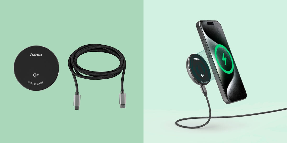 Ładowarka indukcyjna HAMA Qi2 15W Czarny Efektywność i ochrona baterii - przykładanie telfonu do ładowarki obok zwinięty kabel usb-c