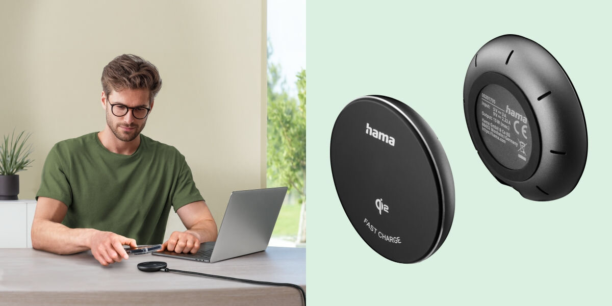 Ładowarka indukcyjna HAMA Qi2 15W Czarny Styl i wytrzymałość - ładowarka leżąca na biurku obok osoba przy komputerze