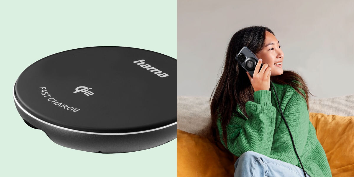 Ładowarka indukcyjna HAMA Qi2 15W Czarny Bezpieczeństwo ładowania - osoba rozmawiajaca przez telefon z przyczepioną ładowarką