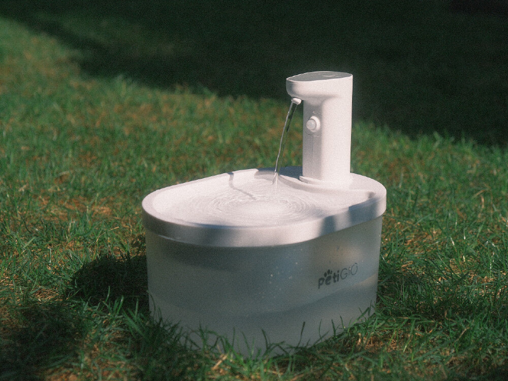 Peti-to-Eat PETI-151 Automatyczne poidło fontanna dla psa i kota PetiGiO postawione na trawie w ogrodzie, prezentujące strumień bieżącej wody.