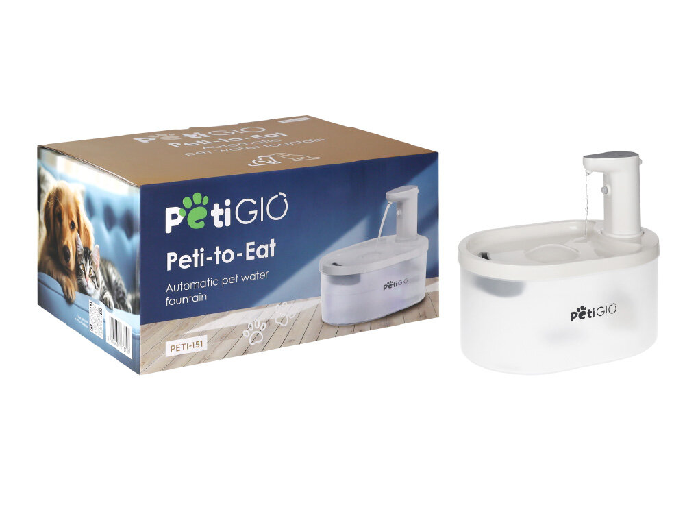 Peti-to-Eat PETI-151 Oryginalne opakowanie produktu Peti-to-Eat oraz biała fontanna automatyczna dla zwierząt PetiGiO na białym tle.