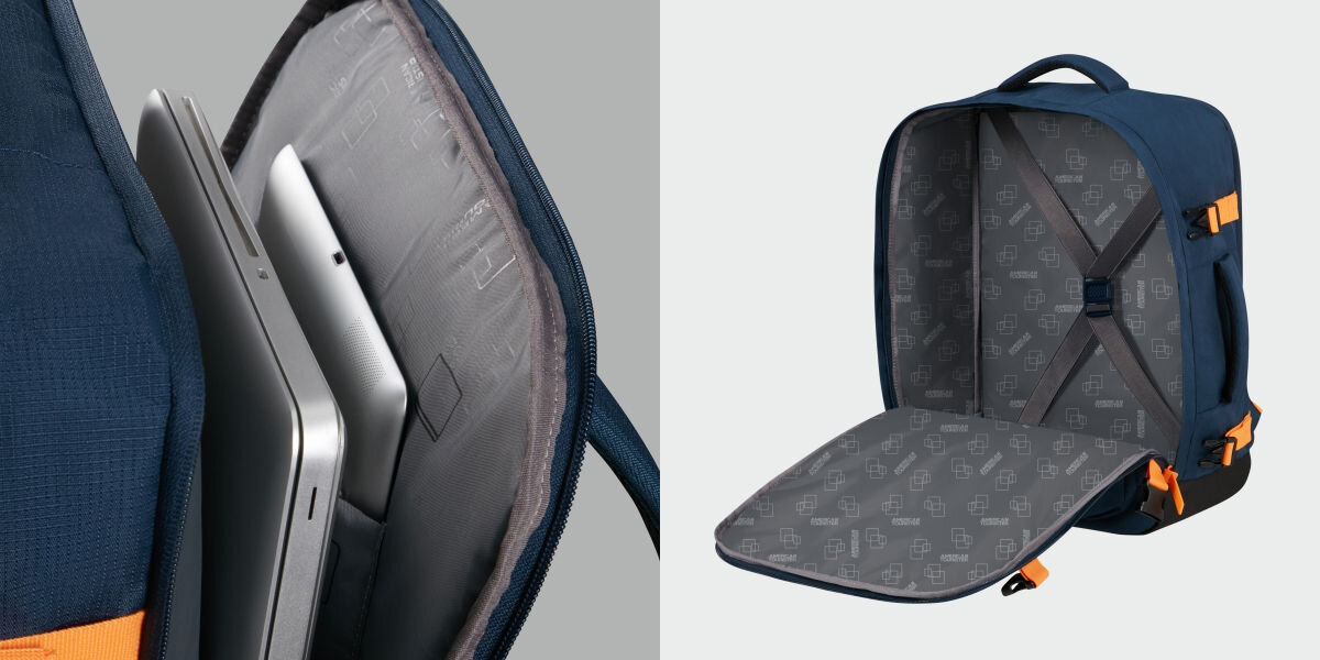 Plecak kabinowy AMERICAN TOURISTER Take2Cabin S/M Granatowo-pomarańczowy (Wizz Air) Przemyślana organizacja - widok wnętrza przegroda na laptopa na tablet otwarty plecak z widocznymi pasami