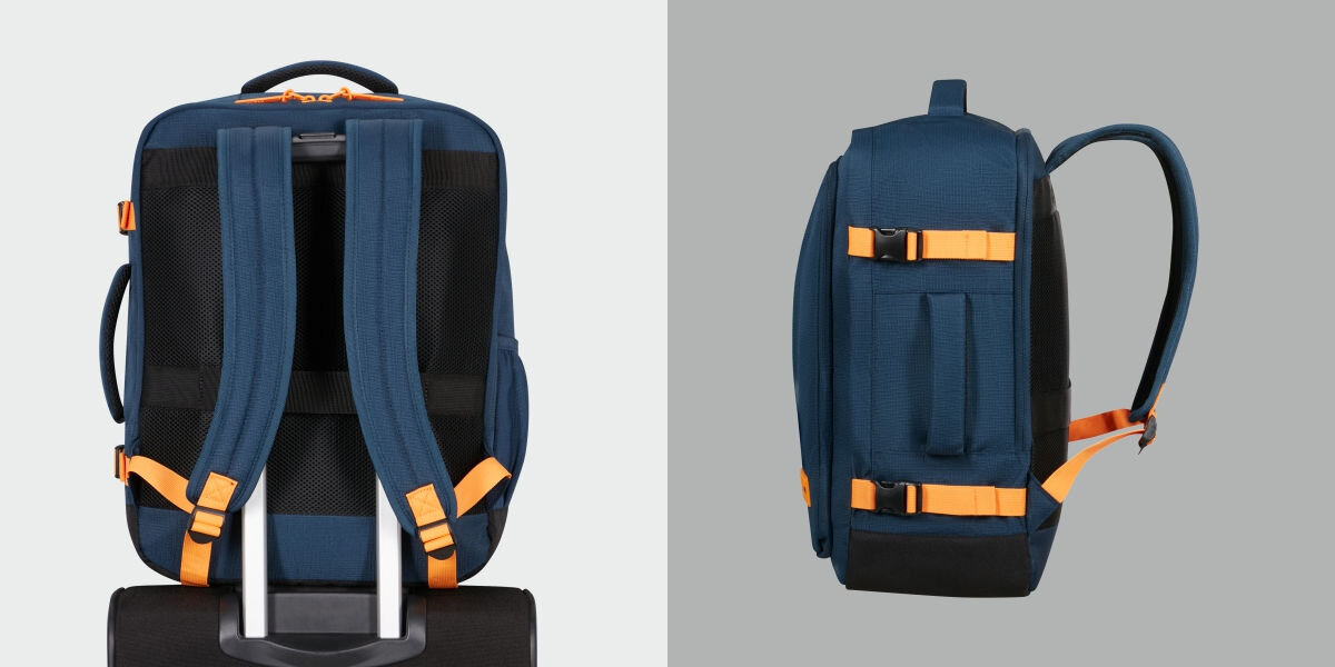 Plecak kabinowy AMERICAN TOURISTER Take2Cabin S/M Granatowo-pomarańczowy (Wizz Air) Wygoda noszenia - plecak założony na walizkę widoczne szelki