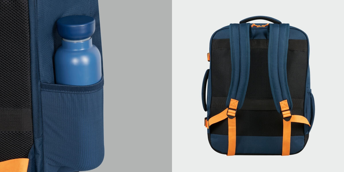 Plecak kabinowy AMERICAN TOURISTER Take2Cabin S/M Granatowo-pomarańczowy (Wizz Air) Lekki i pojemny - zbliżenie na butelkę w kieszonce