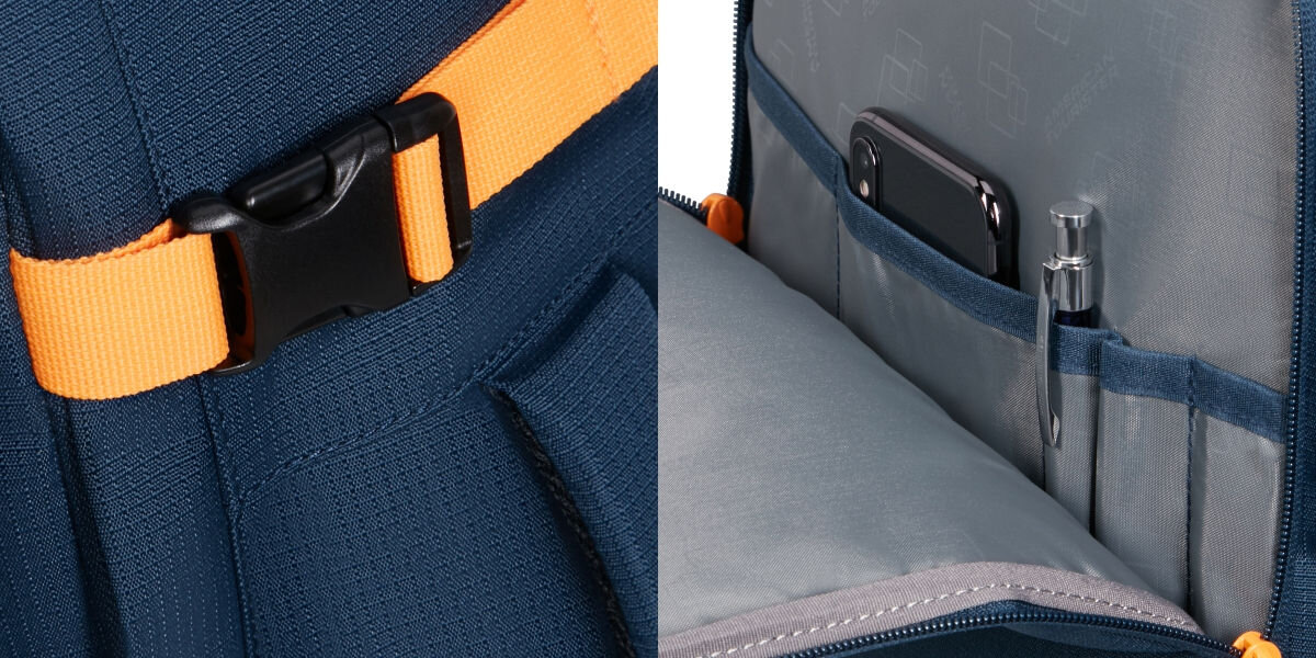 Plecak kabinowy AMERICAN TOURISTER Take2Cabin S/M Granatowo-pomarańczowy (Wizz Air) Ekologiczne materiały - zbliiżenie na boczne paski obok widok wewnętrznej kieszonki na telefon długopisy dokumenty