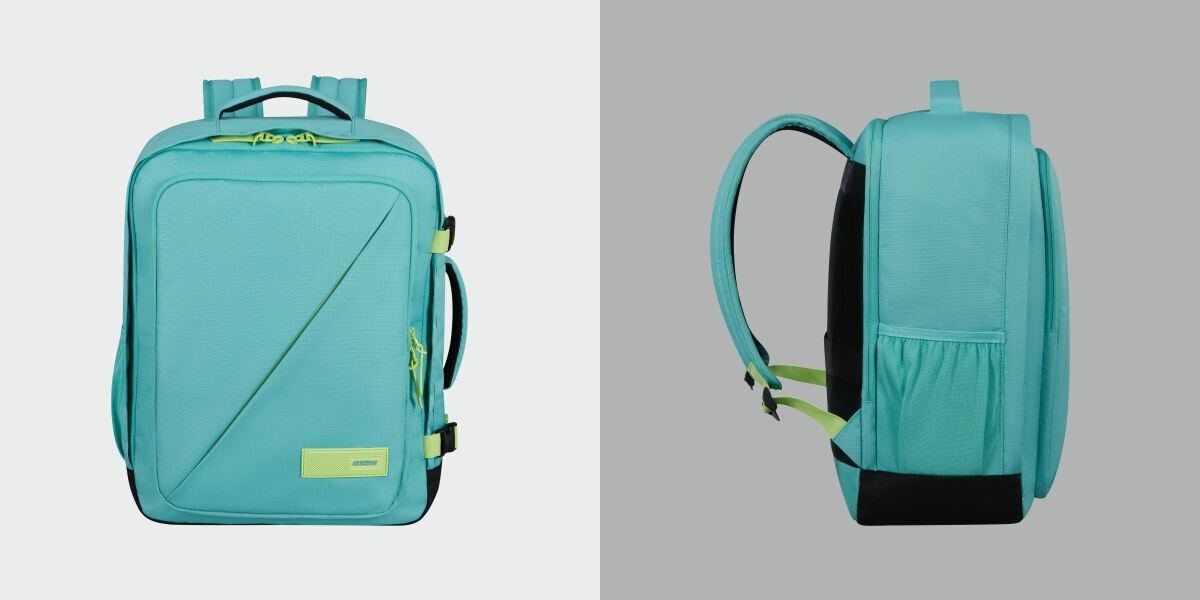 Plecak kabinowy AMERICAN TOURISTER Take2Cabin S/M Turkusowo-limonkowy (Wizz Air) Zaprojektowany do latania - plecak bokiem plecak przodem