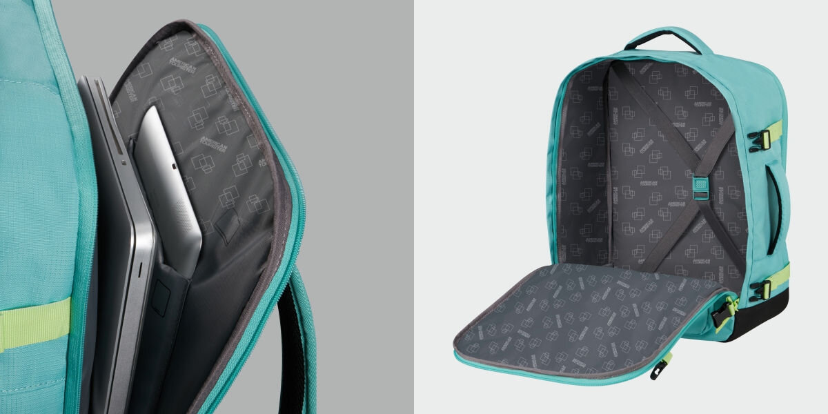 Plecak kabinowy AMERICAN TOURISTER Take2Cabin S/M Turkusowo-limonkowy (Wizz Air) Przemyślana organizacja - widoczne wnętrze przegroda na laptopa na tablet pasy