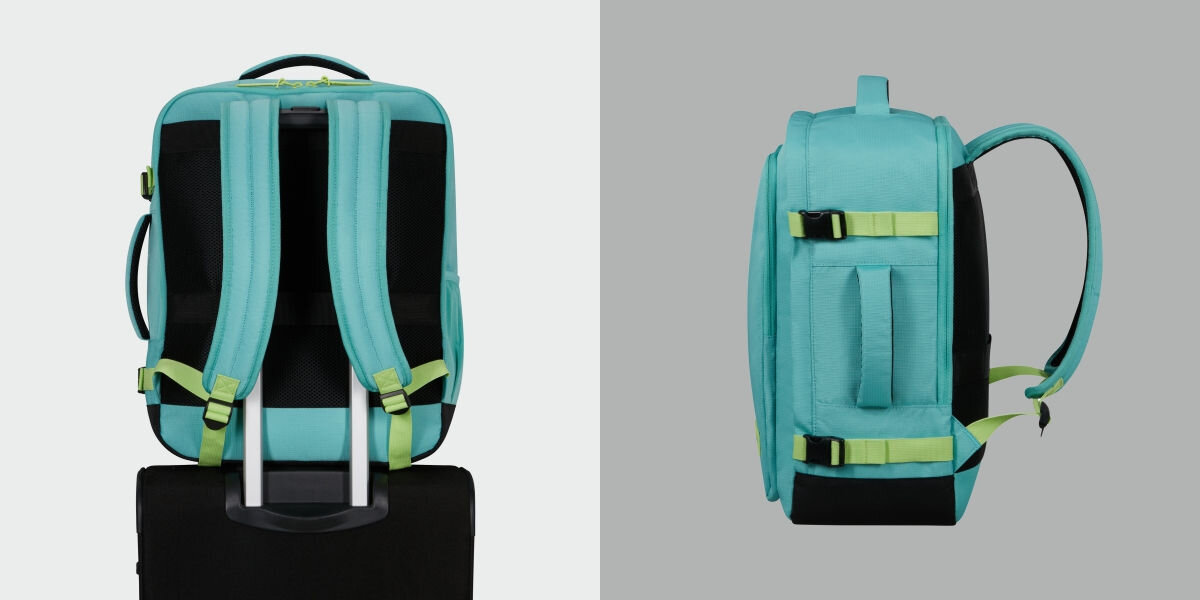 Plecak kabinowy AMERICAN TOURISTER Take2Cabin S/M Turkusowo-limonkowy (Wizz Air) Wygoda noszenia - zamocowany na rącznę walizki widoczne odchylone szelki