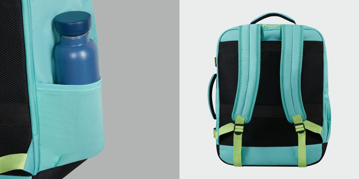  Plecak kabinowy AMERICAN TOURISTER Take2Cabin S/M Turkusowo-limonkowy (Wizz Air) Lekki i pojemny - zblizenie na butelkę w kieszonce