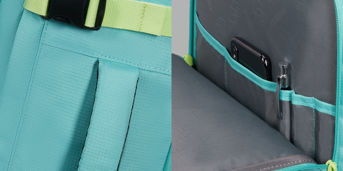  Plecak kabinowy AMERICAN TOURISTER Take2Cabin S/M Turkusowo-limonkowy (Wizz Air) Ekologiczne materiały - zbliżenie na uchwyt plecaka zblizenie na kieszonkę na telefon długopisy dokumenty