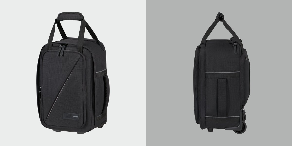 Porównanie plecaka podróżnego American Tourister: z lewej strony widok z przodu, z prawej widok boczny z kółkami i paskami kompresyjnymi.