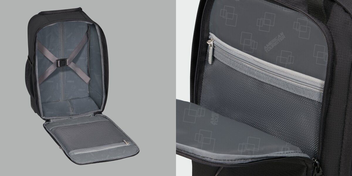 Otwarty główny przedział plecaka American Tourister, ukazujący pasy kompresyjne oraz kieszeń z siatki zapinaną na zamek.