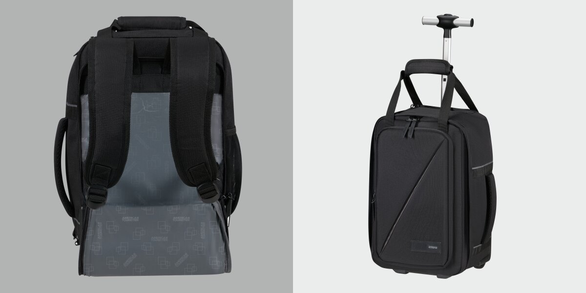 Z lewej strony tył plecaka z ukrytymi szelkami na ramiona, z prawej widok plecaka z boku z wysuniętym uchwytem.