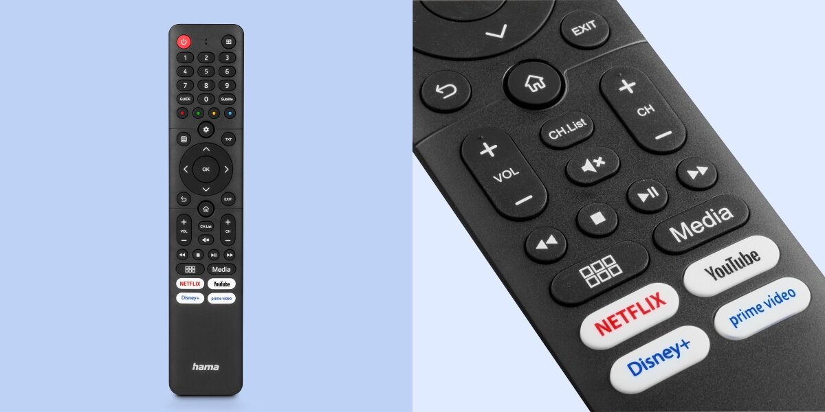 Pilot uniwersalny HAMA 221067 - Pełna zgodność z Hisense, Uniwersalny pilot na podczerwień, natychmiastowe działanie, pilot od frontu na niebieskim tle