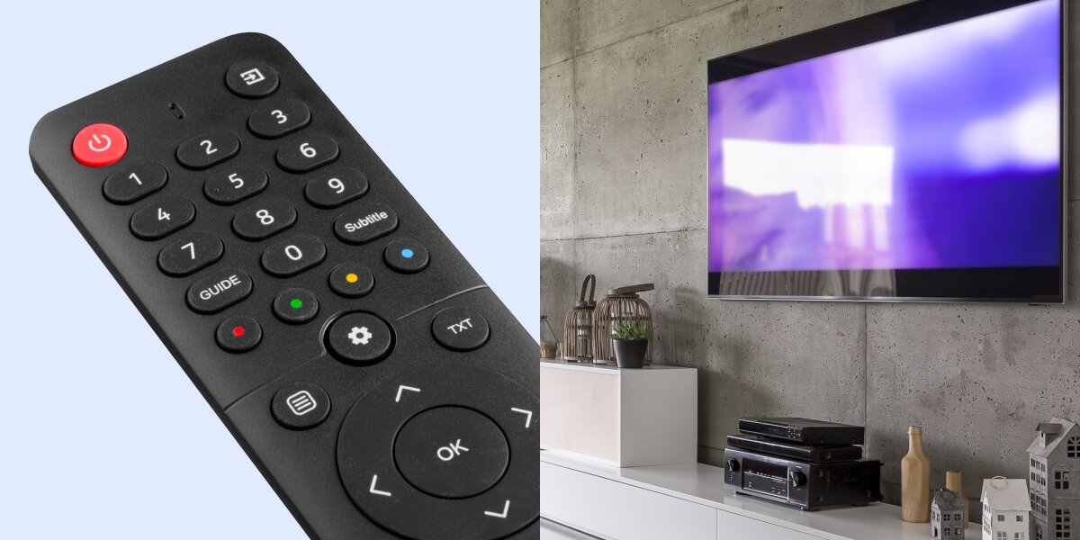 Pilot uniwersalny HAMA 221067 - Funkcja uczenia się, pilot po skosie na niebieskim tle, telewizor zawieszony na ścianie
