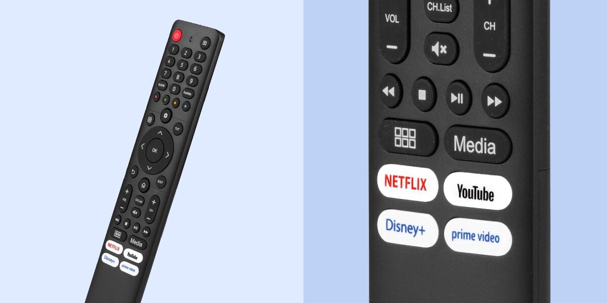 Pilot uniwersalny HAMA 221067 - Dostęp do aplikacji, Przycisk Stream, Cztery osobne przyciski, pilot po skosie na niebieskim tle, kadr na przyciski do aplikacji