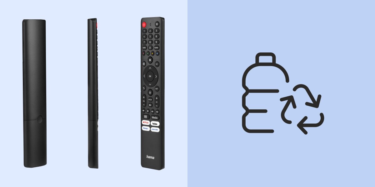 Pilot uniwersalny HAMA 221067 - Przemyślany i ekologiczny, pilot w trzech różnych pozycjach na niebieskim tle