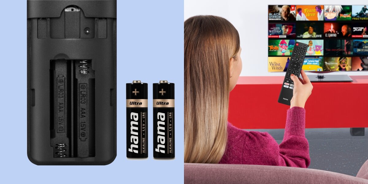 Pilot uniwersalny HAMA 221067 - Wygoda i trwałość użytkowania, Zasięg do 10 metrów, funkcja oszczędzania energii, tył pilota z pokazanymi bateriami
