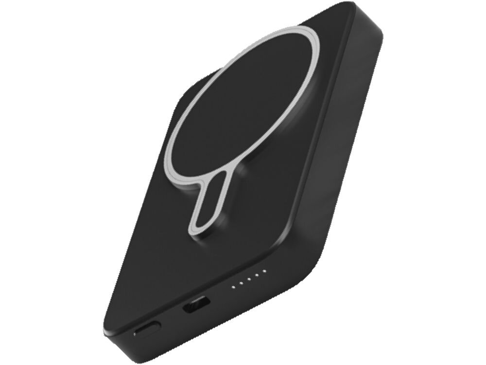 Powerbank XLINE MagSystem 10000 mAh 20W Qi Szary Ujęcie pod kątem na czarny, prostokątny powerbank z wyraźnym, srebrnym pierścieniem magnetycznym i czterema białymi diodami wskaźnika poziomu naładowania na bocznej krawędzi.