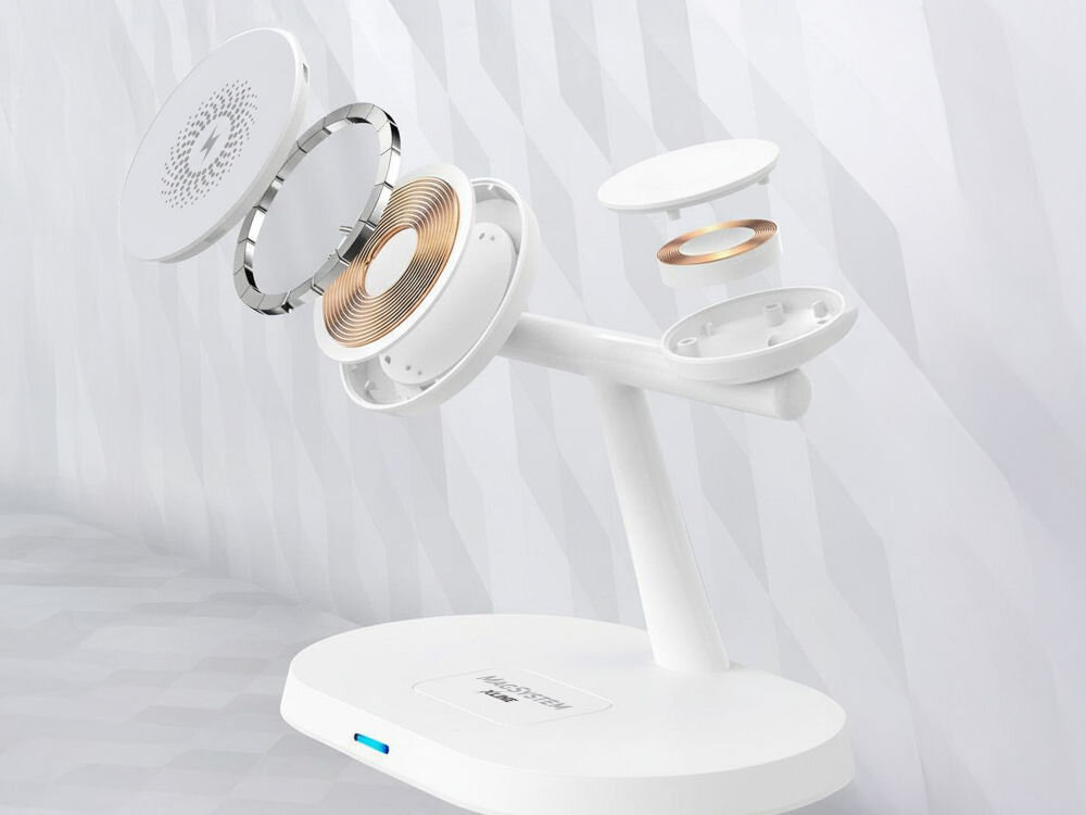 Ładowarka indukcyjna XLINE MagSystem 3w1 Biały Przekrój eksplodujący (rozkładany) białej, stojącej ładowarki bezprzewodowej MagSystem XLine, pokazujący wewnętrzne komponenty: cewki ładowania i magnesy. [Exploded view of the white MagSystem XLine wireless charging stand showing internal components like charging coils and magnets]