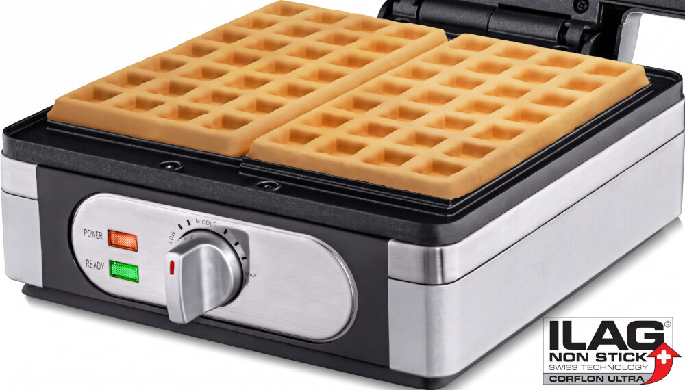 Gofrownica z dwoma gotowymi goframi na górnej płycie, posiada pokrętło regulacji temperatury oraz wskaźniki POWER i READY. Widoczne logo ILAG NON STICK SWISS TECHNOLOGY CORFLON ULTRA.