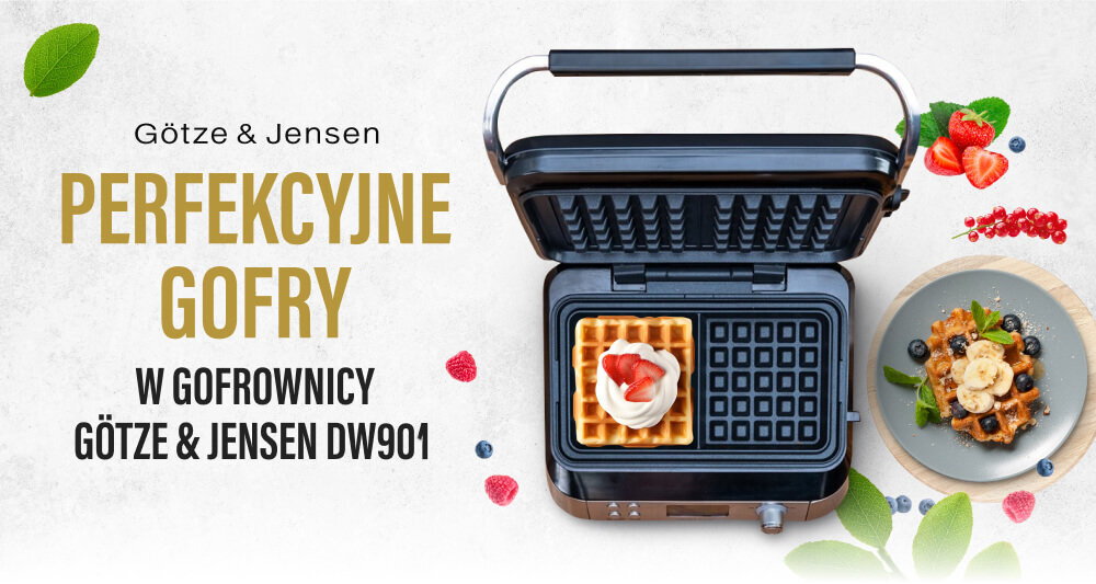 Götze & Jensen PERFEKCYJNE GOFRY W GOFROWNICY GÖTZE & JENSEN DW901. Obok gofrownicy znajduje się talerz z gofrem udekorowanym owocami i bitą śmietaną.