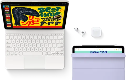Podłączony do klawiatury Magic Keyboard iPad Air ze słuchawkami Airpods Pro, Apple Pencil Pro oraz etui Smart Folio