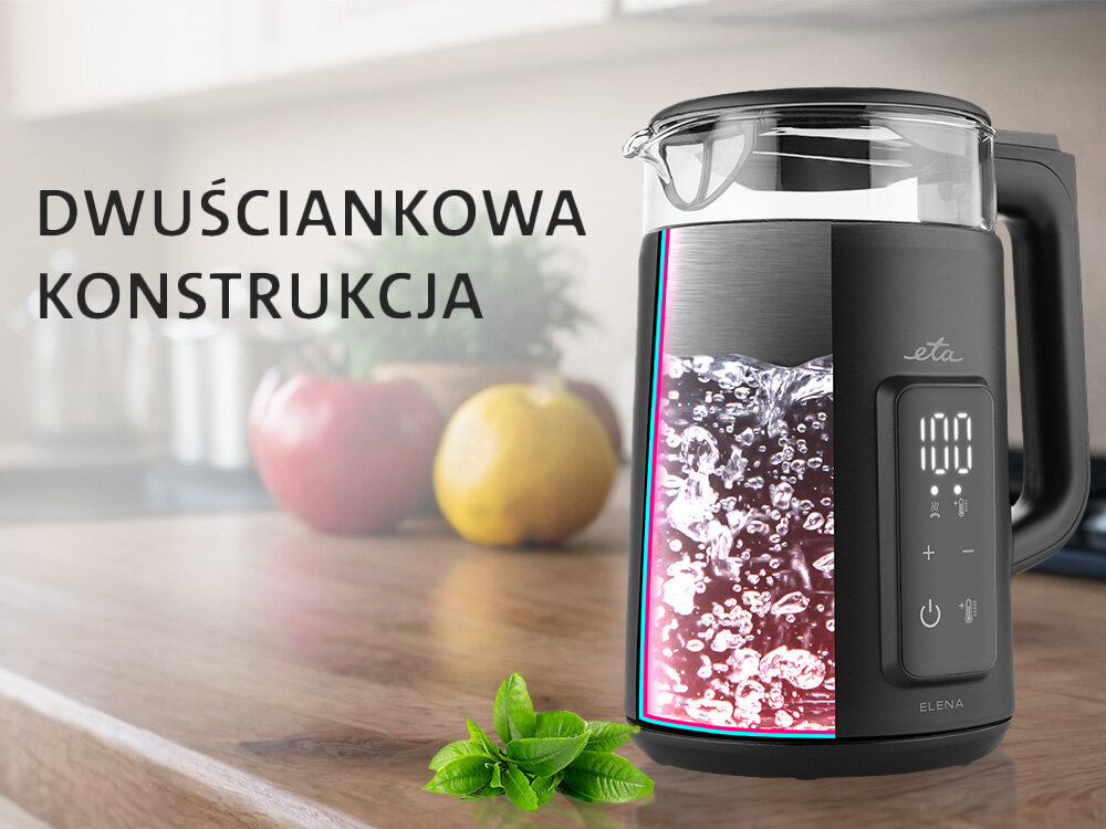 Czajnik ETA Elena 959590000 łatwiejsze czyszczenie, bez osadzania się kamienia, obrotowa podstawa, wbudowany wskaźnik poziomu wody, potrójny system zabezpieczeń