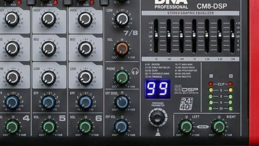 Panel miksera audio z widocznymi pokrętłami, suwakami i wyświetlaczem cyfrowym pokazującym liczbę 99. Na panelu znajduje się tekst \'DNA PROFESSIONAL CM8-DSP STEREO GRAPHIC EQUALIZER\'.