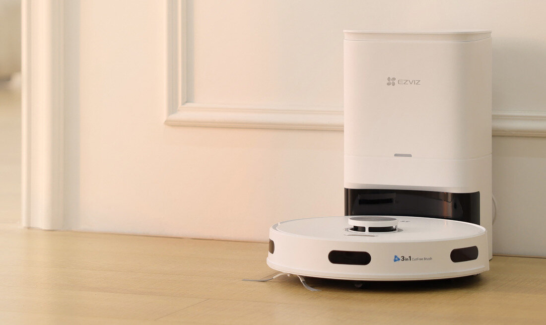 Robot sprzątający EZVIZ RE5S Plus siła ssania usuwa kurz i inne zanieczyszczenia szczotka wałkowa CutFree 3 w 1 pełen zakres ruchu Stacja dokująca nie tylko ładuje robota samodzielnie odbiera zgromadzony kurz na około 90 dni użytkowania