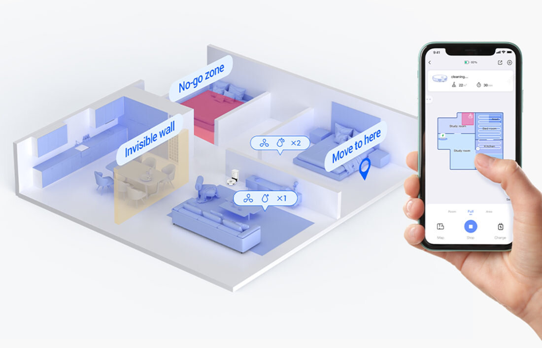 Robot sprzątający EZVIZ RE5S Plus Dostosuj sprzątanie tworzy mapę domu i samodzielnie dostosowuje plan  aplikacja EZVIZ sterowanie zdalne mapy piętra