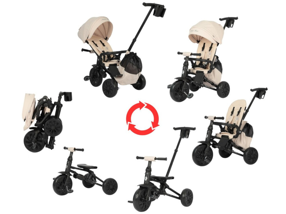 Trójkołowiec QPLAY Nova Max Siedzisko 360°, Aluminiowa rama, Wolne koło, Opony EVA Beżowy białe tło trójkołowiec w 6 ujęciach w różnych pozycjach w środku czerwone strzałki pokazujące kierunek zmiany wygodne podróżowanie pojazd na lata mobilność transport spacer