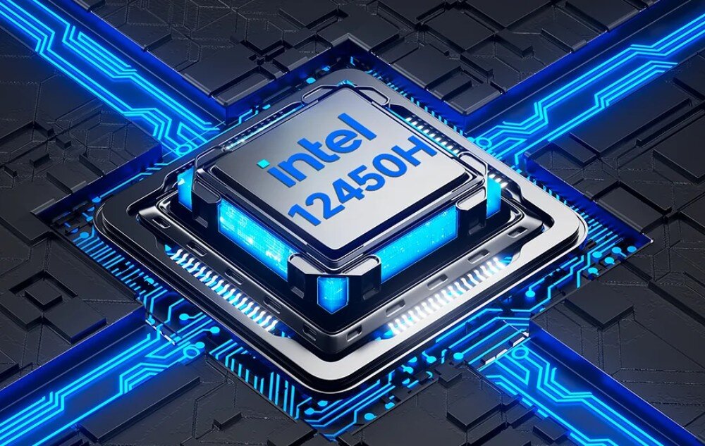 Komputer GMKTEC M3 Wizualizacja procesora z oznaczeniem 'intel 12450H' umieszczonego na tle schematycznego układu scalonego z niebieskim podświetleniem, procesor, rdzenie, taktowanie, pamięć RAM