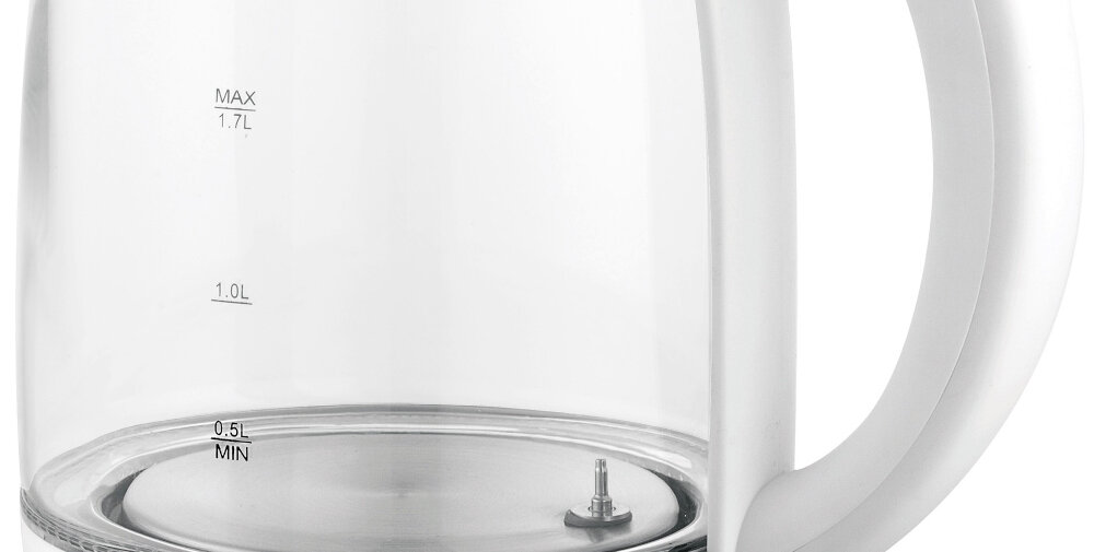 Przezroczysty czajnik z białym uchwytem, z oznaczeniami poziomu wody: MAX 1.7L, 1.0L, 0.5L MIN.