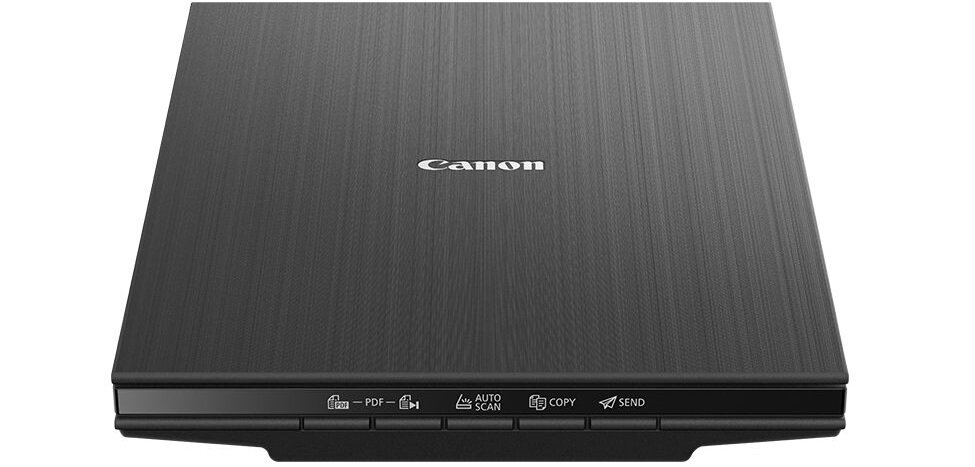 Czarny skaner z logo Canon na górze. Na przedniej krawędzi znajdują się przyciski z oznaczeniami: PDF, AUTO SCAN, COPY, SEND.