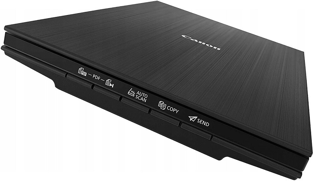 Czarny skaner z widocznym logo Canon na górnej powierzchni. Na przedniej krawędzi znajdują się przyciski z ikonami i napisami: \'PDF\', \'AUTO SCAN\', \'COPY\', \'SEND\'.