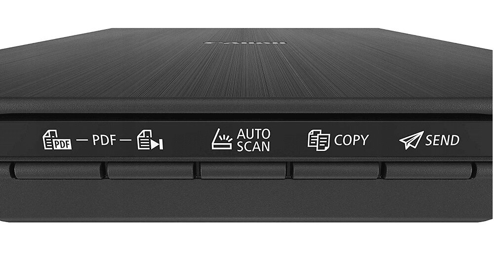 Czarny skaner z widocznymi przyciskami oznaczonymi ikonami i tekstem: PDF, AUTO SCAN, COPY, SEND. Powierzchnia skanera ma delikatną teksturę.