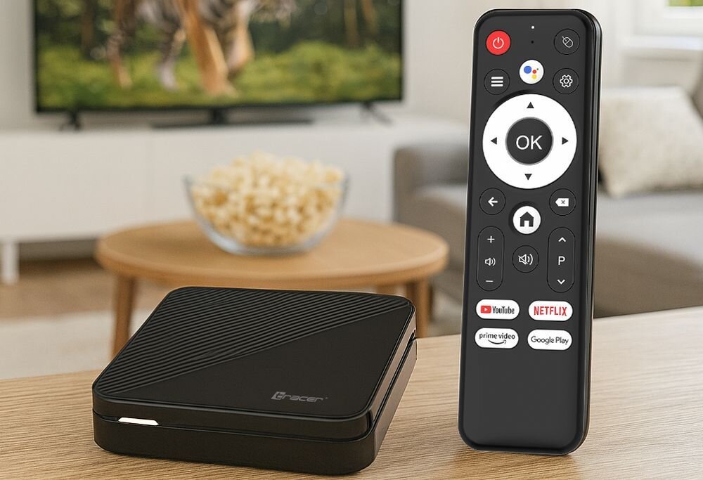 Odtwarzacz multimedialny 4K TRACER TV Box kompaktowe centrum rozrywki do telewizora streaming aplikacje 4K, urządzenie wraz z pilotem na blacie