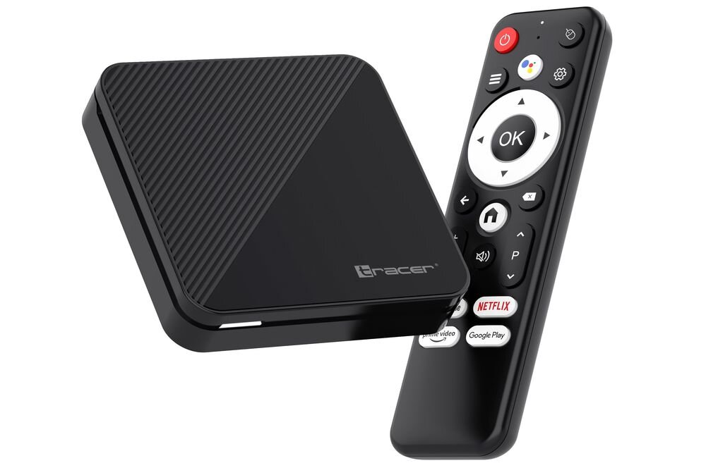 Odtwarzacz multimedialny 4K TRACER TV Box Android 14 ARM Cortex-A53 Mali-G31 2GB RAM 16GB pamięci 4K, odtwarzacz z pilotem na białym tle
